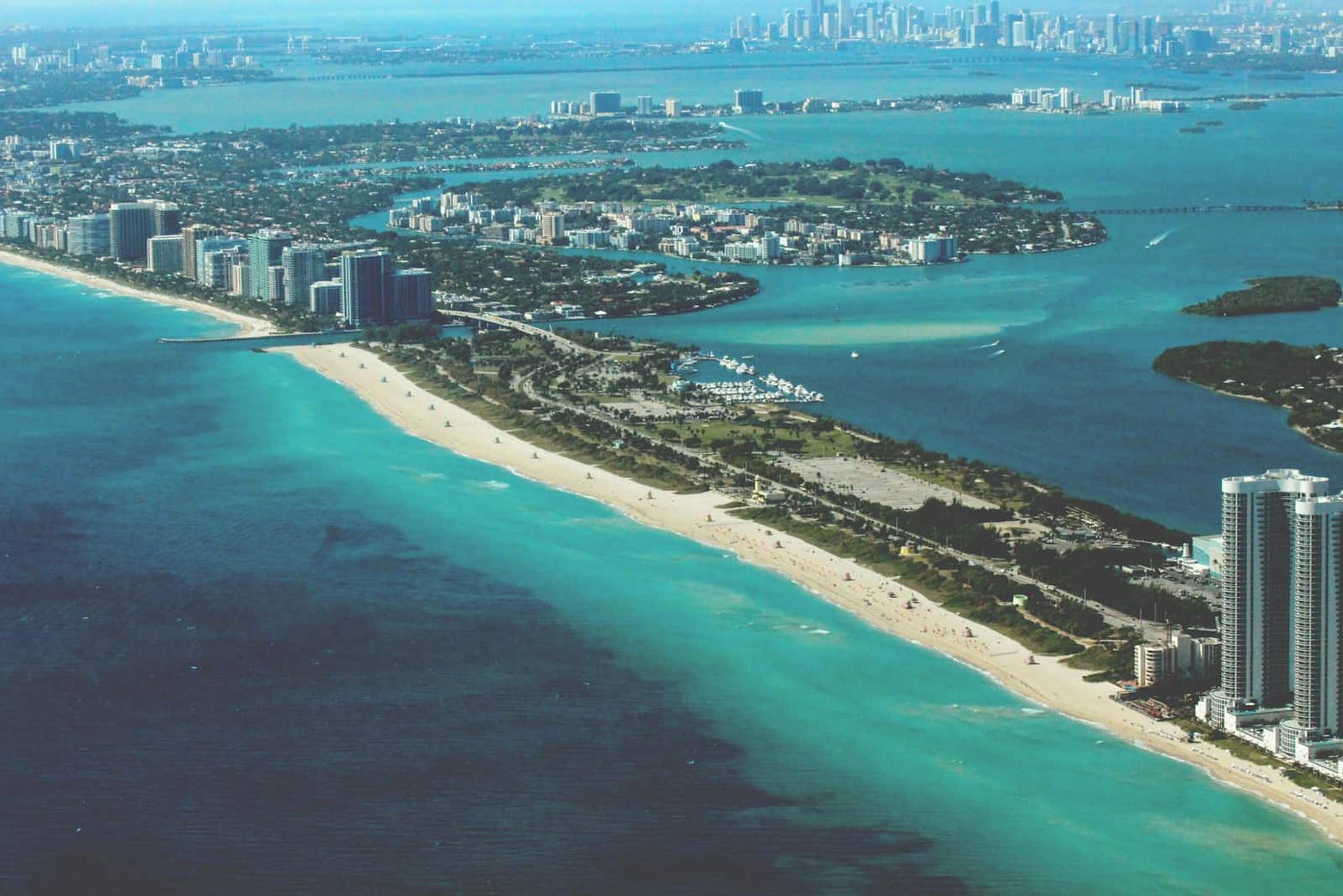 Aerial Miami Beach, turquoise Atlantic and the bay